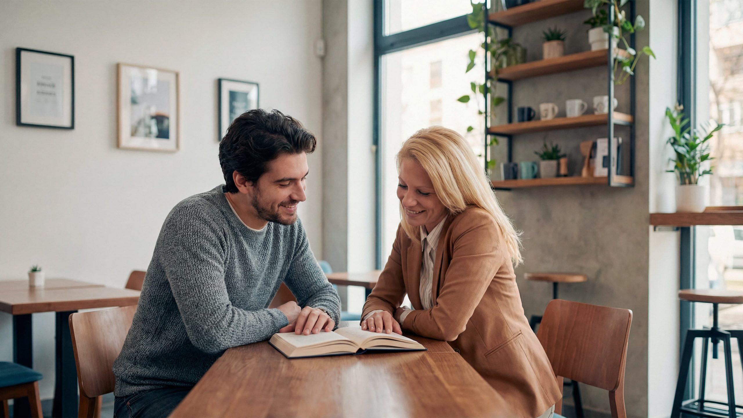 Lecție individuală de limba greacă între profesor și cursant, conversație ghidată