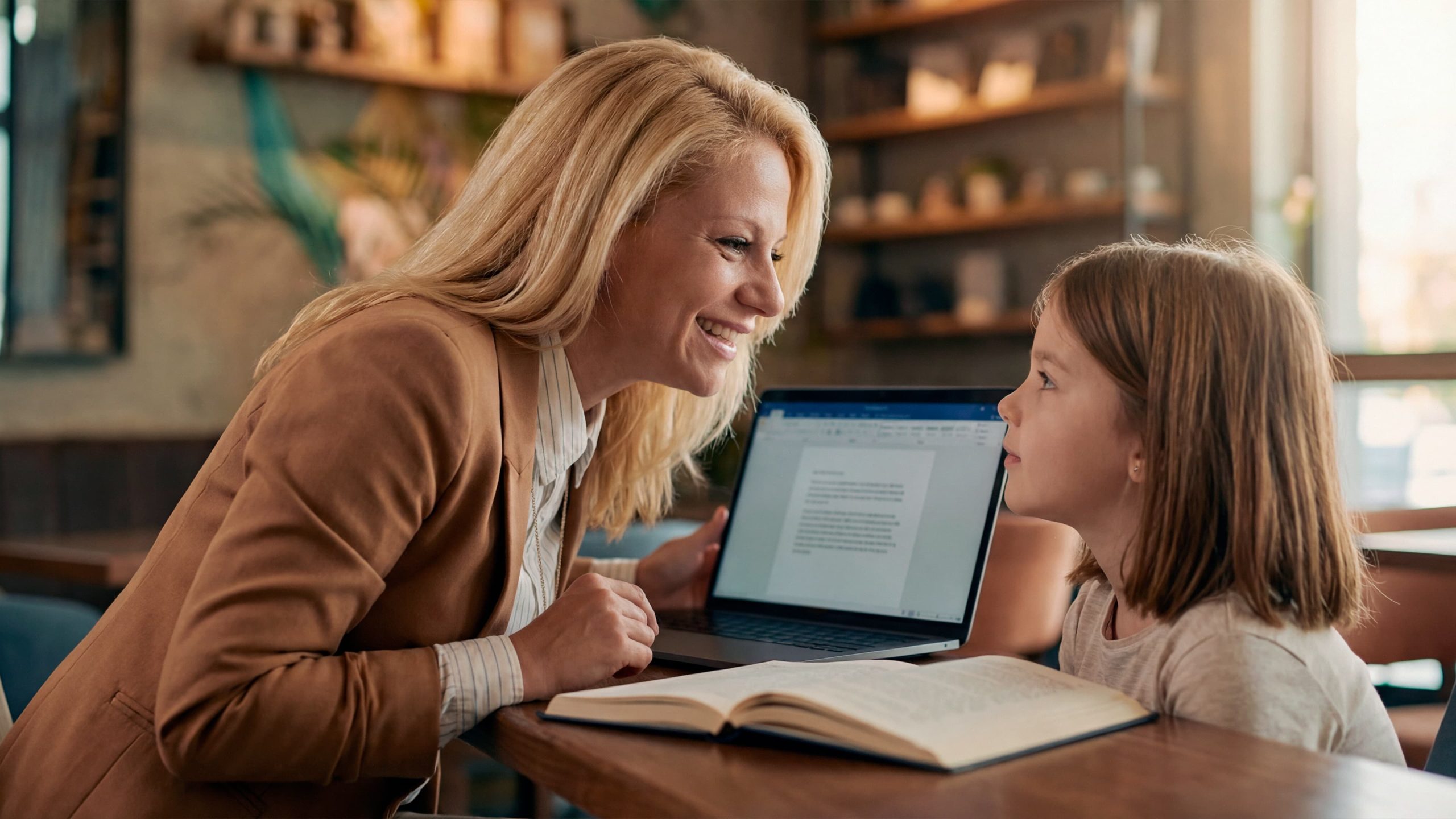 Profesor explicând limba greacă unui copil în cadrul unei lecții individuale.